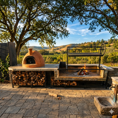 Outdoor patio kitchen setup with a terracotta wood-fired pizza oven on the left, a stone and metal grill station with wood storage in the center set under trees with a scenic rolling hills landscape in the background.