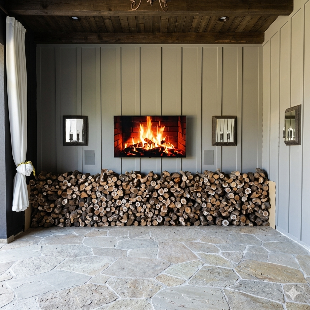 A modern outdoor fireplace setup featuring a black-framed screen firebox displaying a glowing orange fire, mounted on a gray wood-paneled wall. Below the screen, a large stack of neatly cut  almond firewood logs is arranged, and the floor is a light stone tile patio.