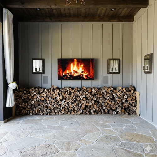 A modern outdoor fireplace setup featuring a black-framed screen firebox displaying a glowing orange fire, mounted on a gray wood-paneled wall. Below the screen, a large stack of neatly cut  almond firewood logs is arranged, and the floor is a light stone tile patio.