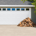 A residential driveway with 1/3 cord of almond firewood sits on the concrete to the right of the garage, with green tree branches and leaves visible at the top right corner.