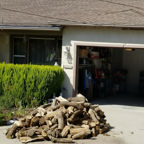 a pile of firewood in driveway outside a house 
