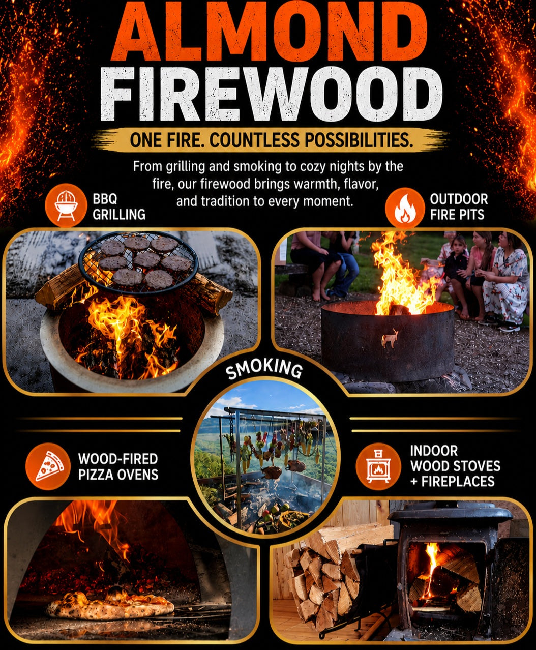 Advertisement for Almond Firewood with images of fire usage scenarios.