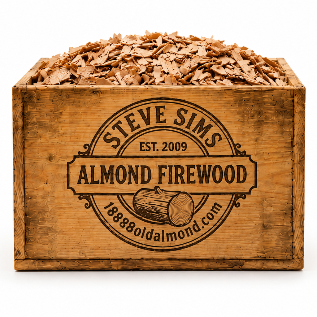 Wooden crate of almond firewood with 'Steve Sims Almond Firewood' branding on a white background