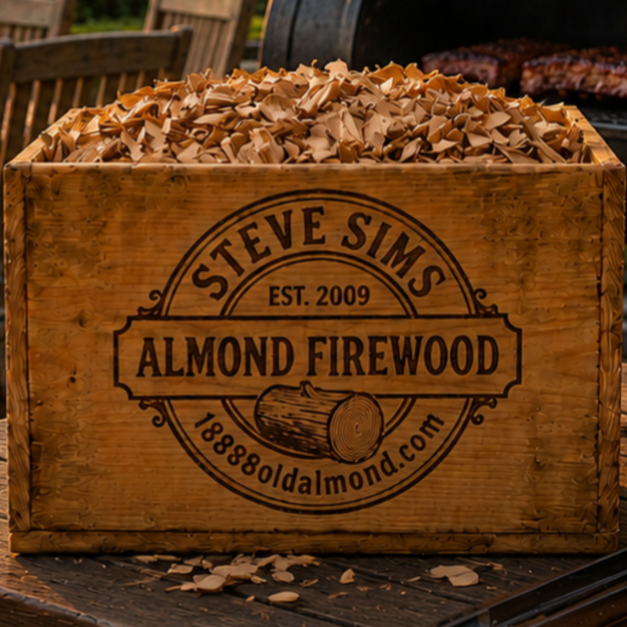 Wooden crate of firewood with 'Steve Sims Almond Firewood' branding.