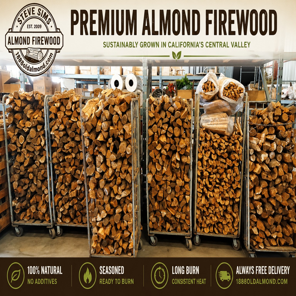 Stacks of premium almond firewood with branding and product features displayed.