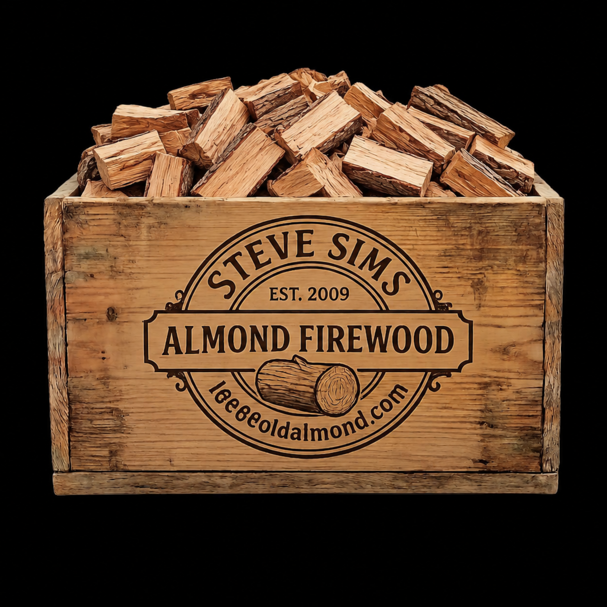 Wooden crate of almond firewood with 'Steve Sims Almond Firewood' branding on a black background