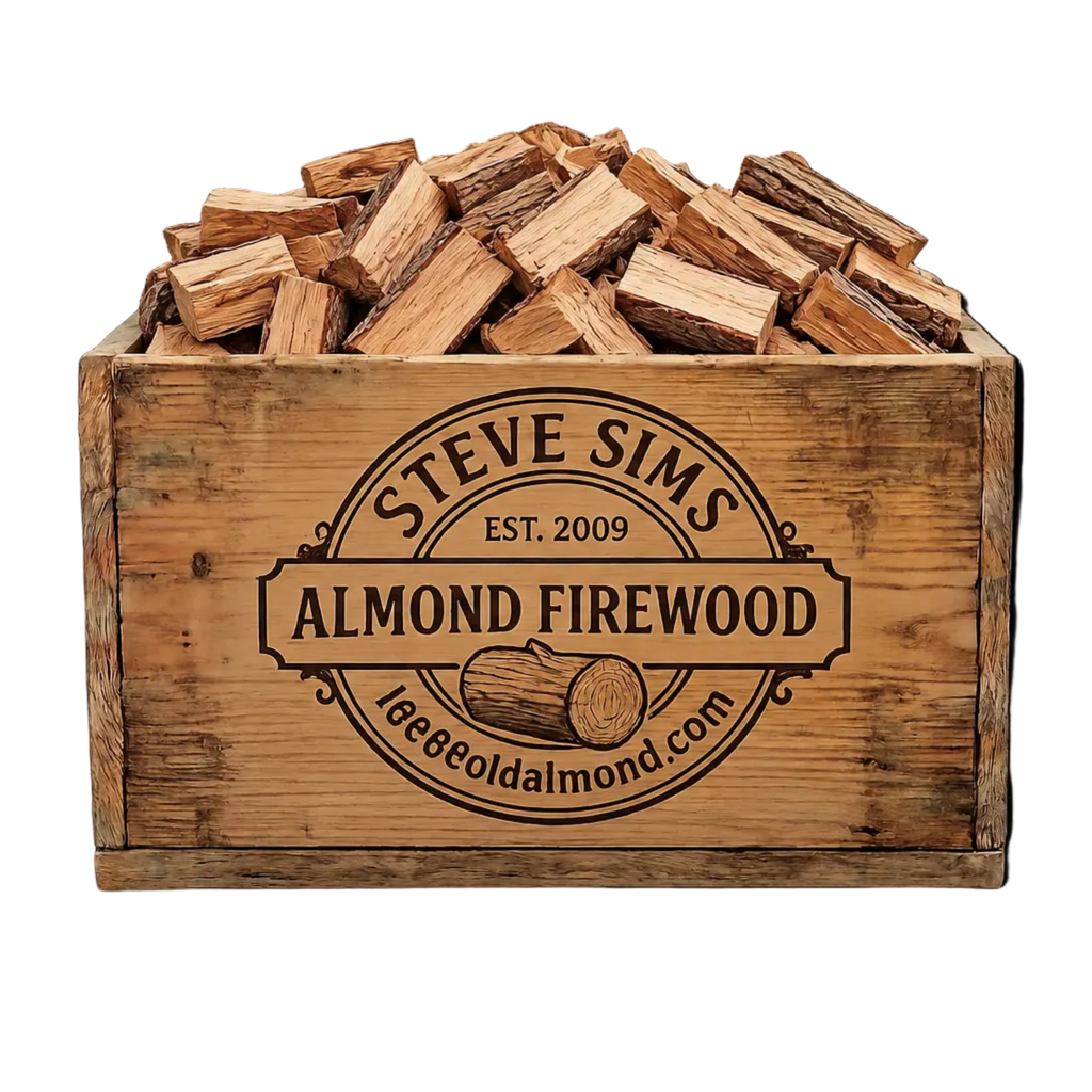 Wooden crate of firewood with 'Steve Sims Almond Firewood' branding on a white background