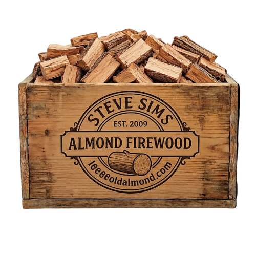 Wooden crate of firewood with 'Steve Sims Almond Firewood' branding on a white background