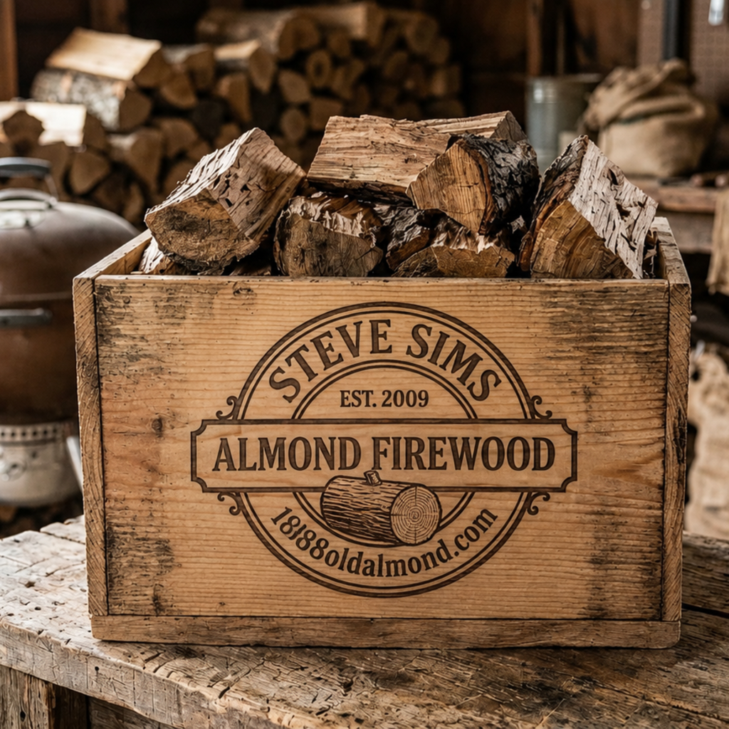 Wooden crate filled with wood chunks from Steve Sims Almond Firewood on a wooden table.