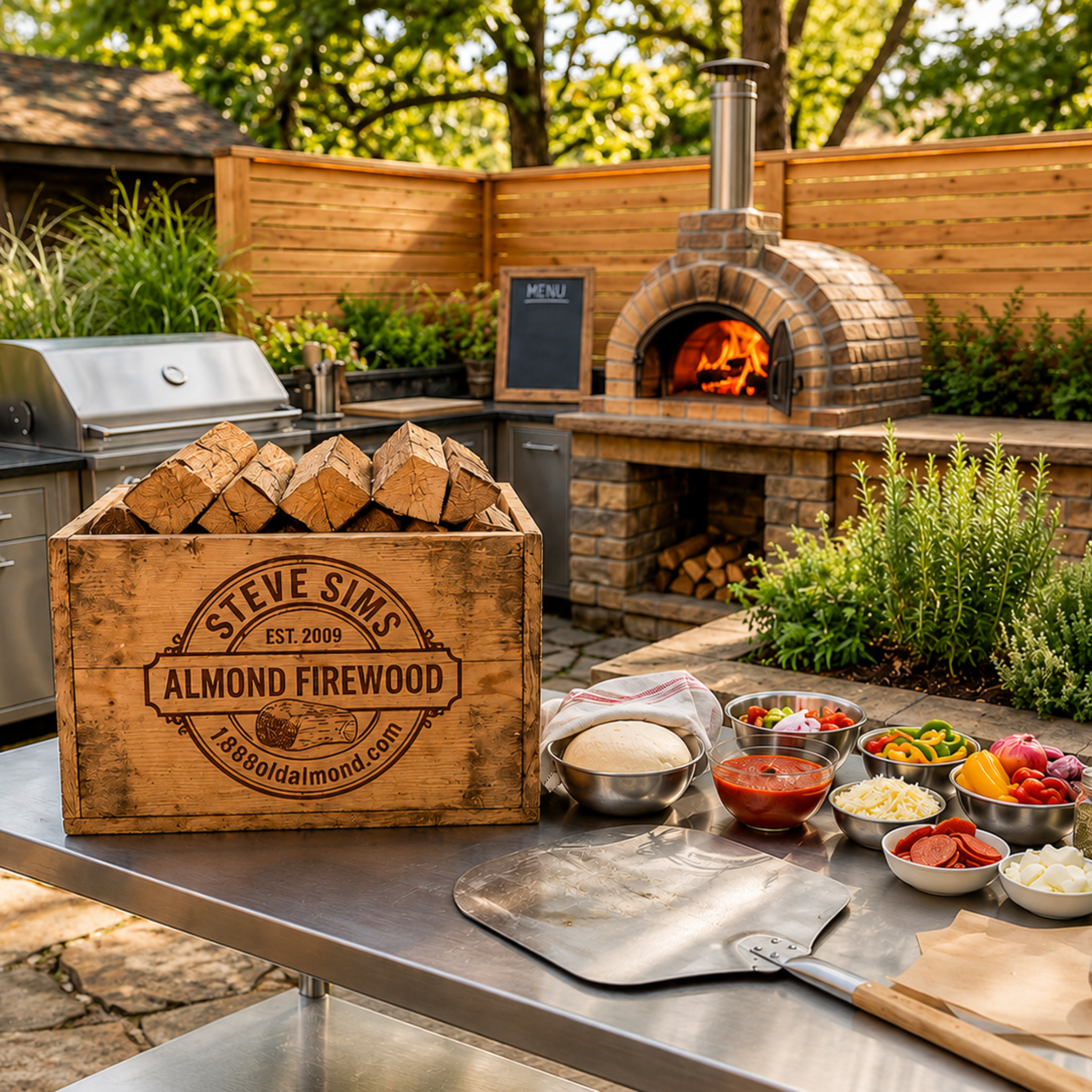 Outdoor kitchen setup with a wood-fired pizza oven, firewood, and ingredients on a table.