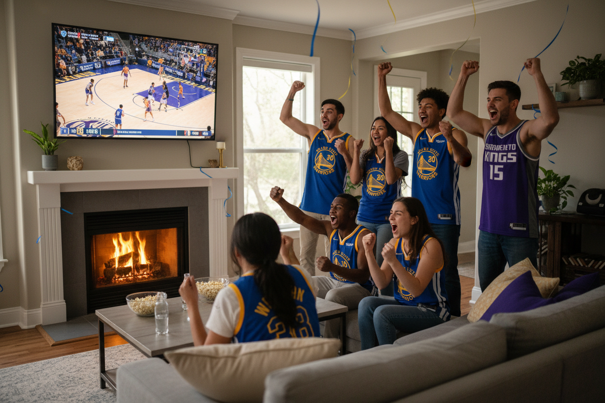 Warriors Kings game night fireplace