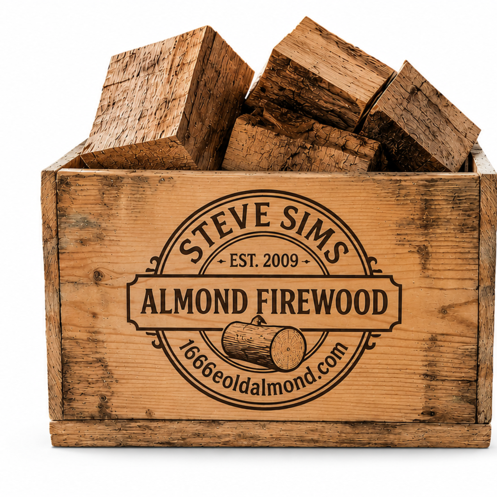 Wooden crate of firewood with 'Steve Sims Almond Firewood' branding on a white background